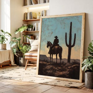 Cowboy and Cactus Canvas Wall Art – Western Desert Silhouette Scene, Rustic Vintage Horseback Rider Sunset Artwork