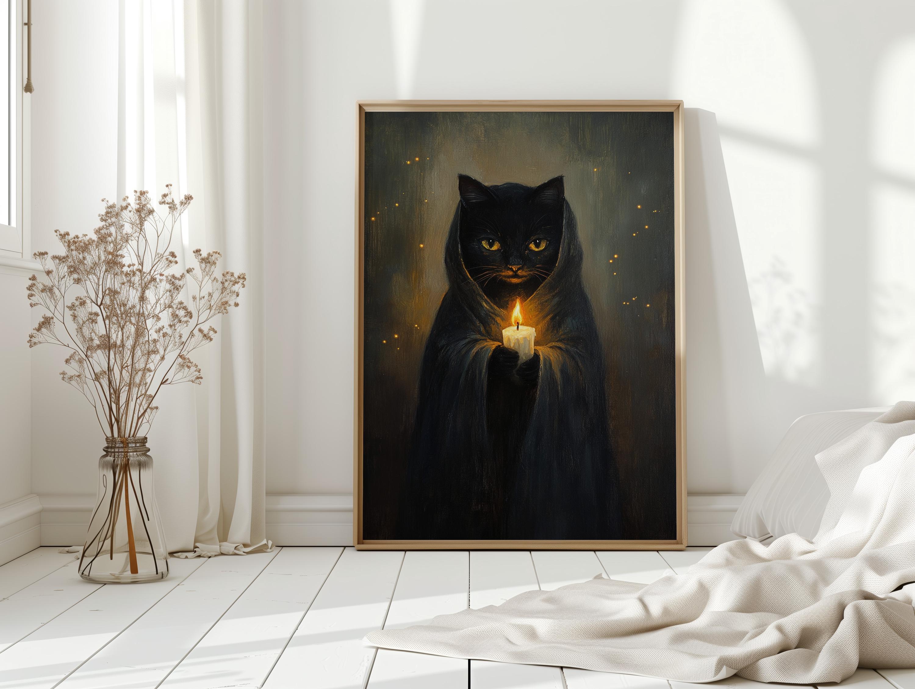 Black Cat With Candle – Witchy Gothic Wall Art, Halloween Cat in