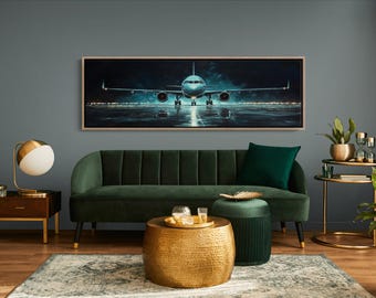 Arte de pared en lienzo de avión, impresión de pista de aeropuerto nocturno, decoración de aviación, regalo de piloto, pintura de aviones modernos, arte para entusiastas de los viajes