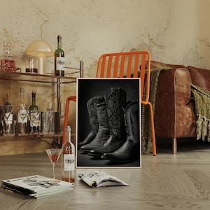 Cowboy Boots Wall Art | Black and White Western Photography of Rustic Leather Boots