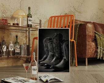 Cowboy Boots Wall Art | Black and White Western Photography of Rustic Leather Boots