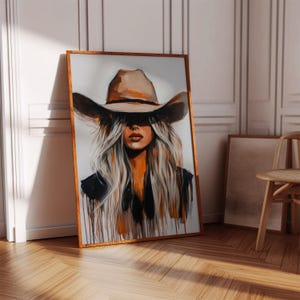 Cowgirl Wall Art - Western Woman Canvas - Rustic Drip Painting Print - Blonde Cowboy Hat Portrait - Modern Country Wall Decor