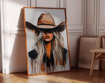 Cowgirl Wall Art - Western Woman Canvas - Rustic Drip Painting Print - Blonde Cowboy Hat Portrait - Modern Country Wall Decor