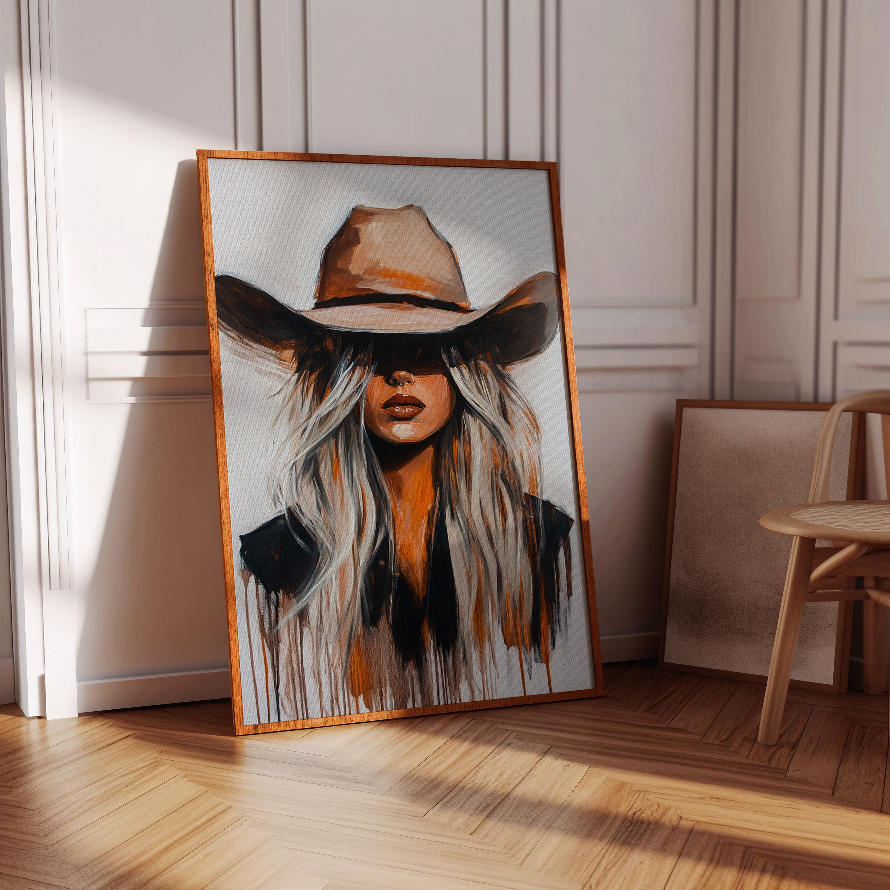 Art mural cow-girl - toile femme western - impression rustique goutte à goutte - portrait chapeau de cowboy blond - décoration murale pays moderne