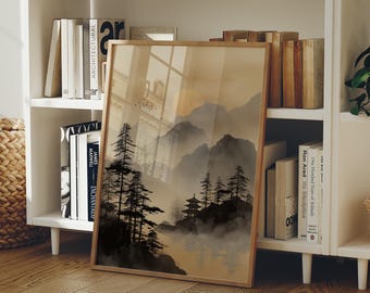 May include: A framed landscape art print featuring a serene mountain scene with trees and a pagoda. The artwork has a muted color palette of browns and grays, creating a tranquil atmosphere. The print is displayed on a white bookshelf.