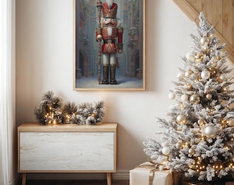 Grand Nutcracker Soldier Wall Art, Regal Christmas Canvas Print, Festive Holiday Decor with Traditional Red and Gold Nutcracker Design