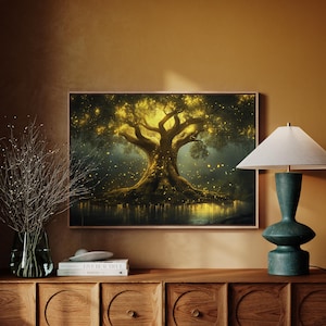 Enchanted glowing tree of life canvas with golden fireflies and mystical forest vibes. A luminous fantasy artwork perfect for spiritual, nature-inspired, and magical home decor.