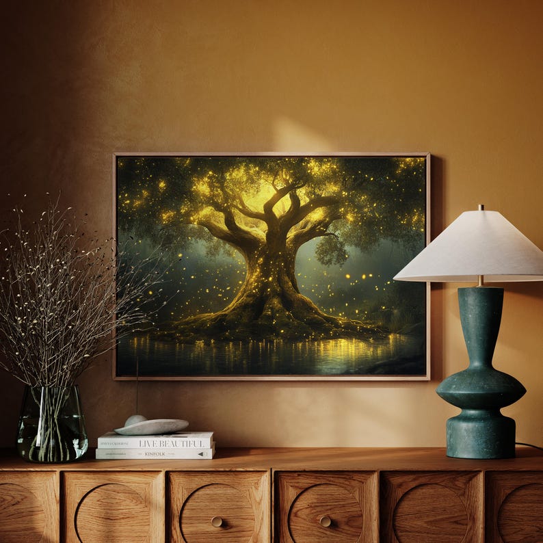Enchanted glowing tree of life canvas with golden fireflies and mystical forest vibes. A luminous fantasy artwork perfect for spiritual, nature-inspired, and magical home decor.