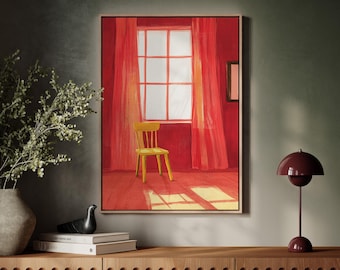 Golden Chair by Red Window | Minimal Interior Scene Canvas Art
