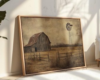 Rustikale Scheune mit Windmühle Leinwand Wandkunst, Vintage Bauernhaus Landschaft Druck, Land rustikale Dekor, verwitterte Scheune Kunst für Wohnzimmer