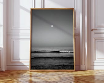 Black and White Ocean Moon Print, Minimalist Seascape Wall Art with Full Moon and Waves, Coastal Photography for Modern Home Decor
