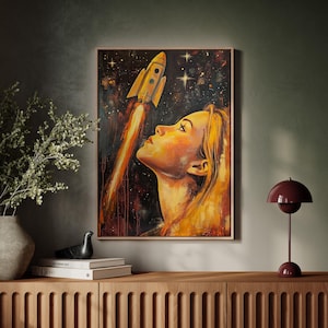 Stargazing Canvas Art - Woman Watching Rocket Launch in Night Sky - Inspiring Space Exploration Decor for Modern Homes & Offices