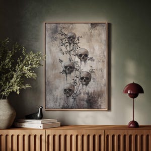 Gothic Skull Floral Canvas Art, Dark Botanical Wall Decor, Macabre Skeleton and Vines Painting for Alternative Aesthetic