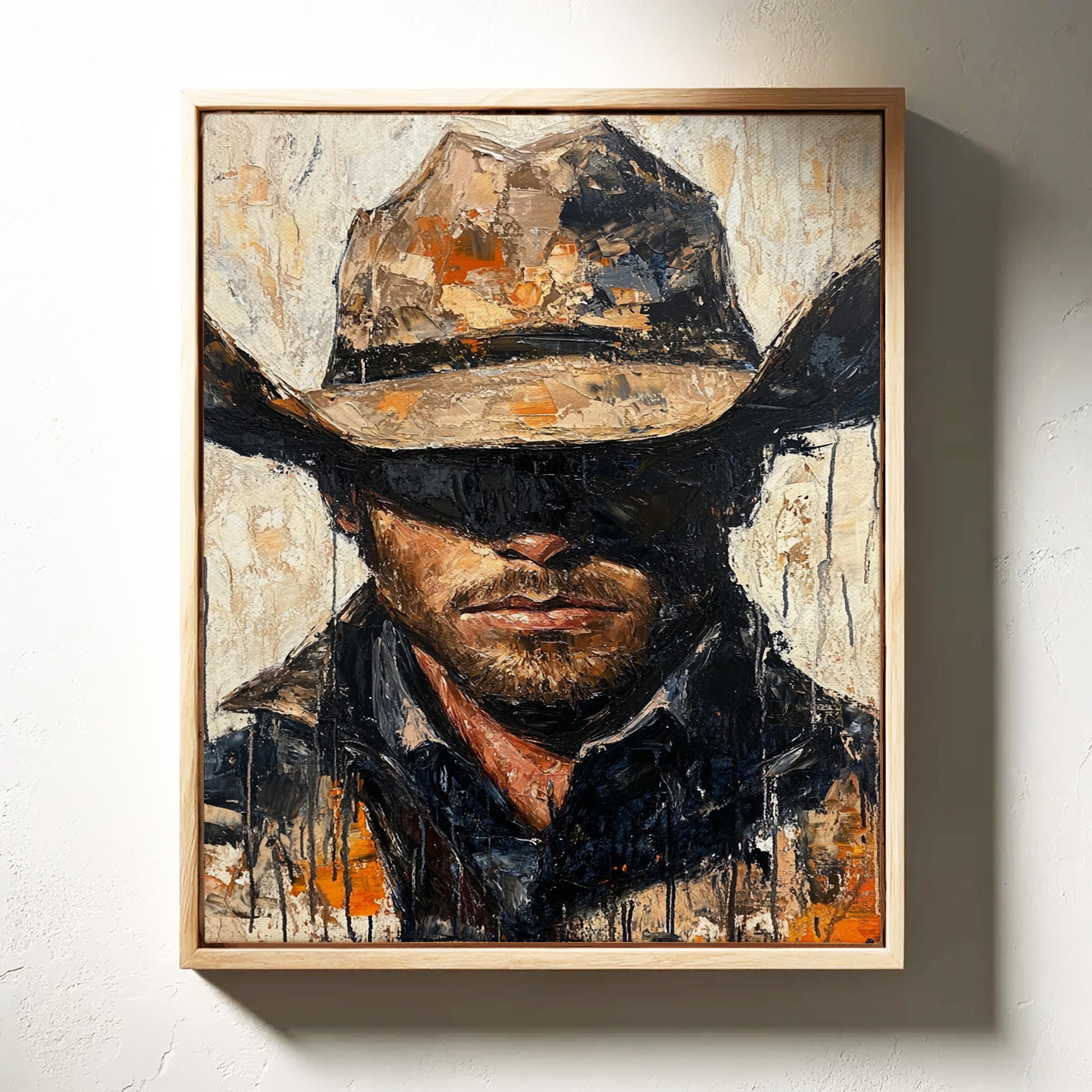 Western Cowboy Canvas Wall Art – Rustic Oil Painting Style Portrait of ...