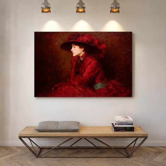 Lady in Red Victorian Dress Canvas  Elegant Woman in Wide-brim Hat,  Vintage Oil Painting Portrait With Timeless Antique Charm - Etsy