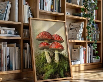 Op de afbeelding: Een ingelijste prent met vier rood-wit gestippelde paddenstoelen die groeien op een bed van groen mos en varens. Het kunstwerk wordt gepresenteerd in een houten lijst, leunend tegen een boekenkast vol boeken.