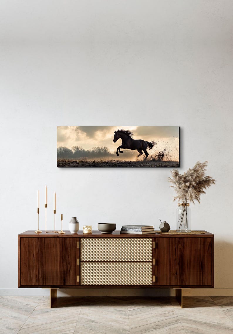 Black Stallion Ready to Hang Panoramic Canvas Wall Art Print, Horse Art, Horse Decor, Black and