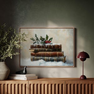 Vintage Christmas Canvas Art - Snowy Antique Books with Holly Berry Accents for Festive Holiday Rustic Winter Home Decor
