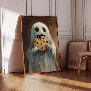 Cute Ghost with Cookie Wall Art | Funny Halloween Kitchen Print | Spooky Sweet Chocolate Chip Ghost Poster for Fall Décor