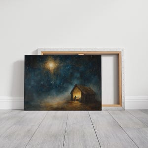 Puede incluir: Una pintura que representa la escena de la natividad con una estrella brillante brillando en el cielo nocturno. La escena incluye un establo de madera con techo de paja y tres figuras en el interior. La pintura está realizada en un estilo realista con una paleta de colores cálidos.