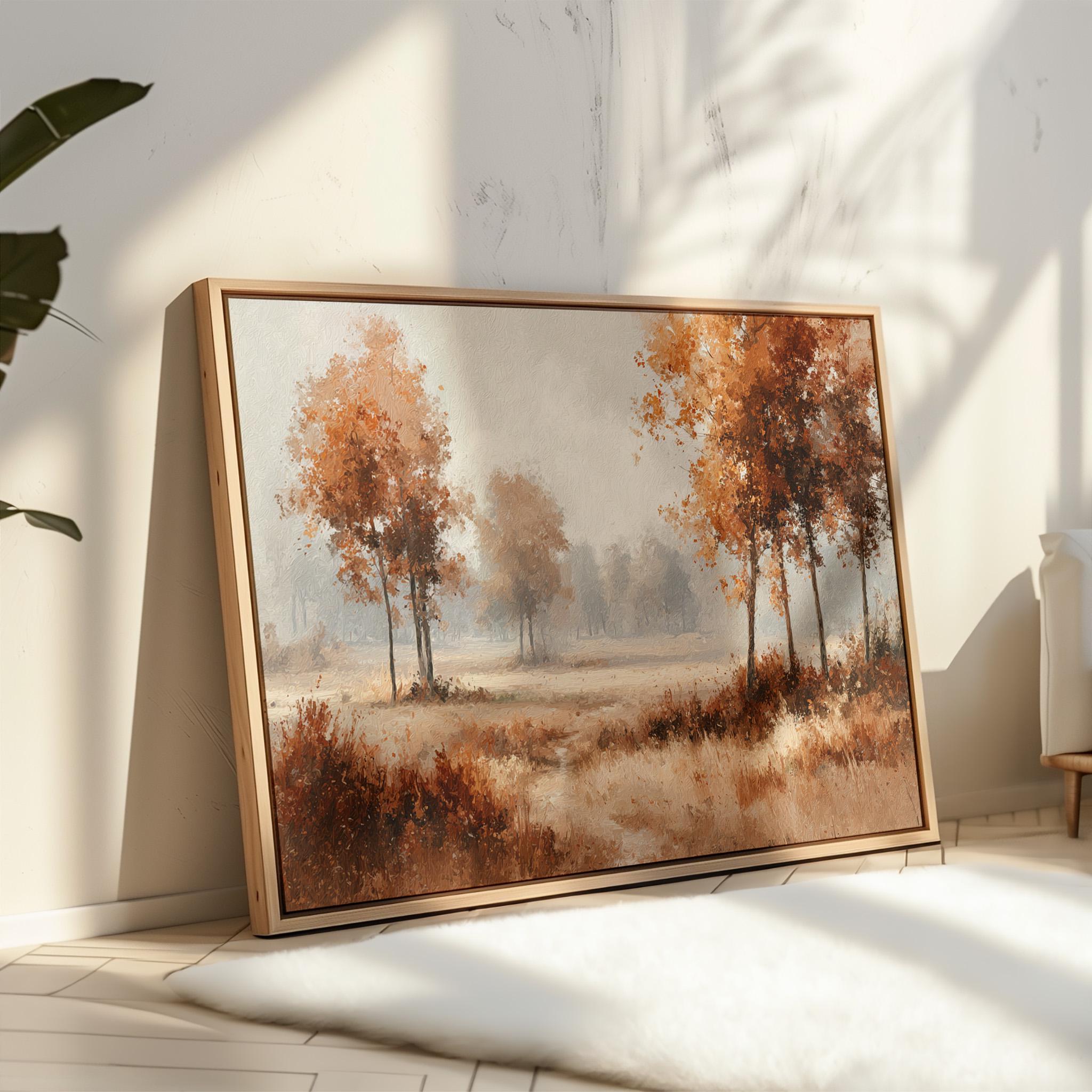 秋の風景画キャンバスウォールアート｜霧のかかった朝の黄金色の秋の