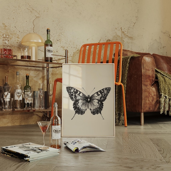 Vintage Butterfly Line Drawing Print – Detailed Black Ink Etching on Cream Background for Nature-Inspired Wall Art