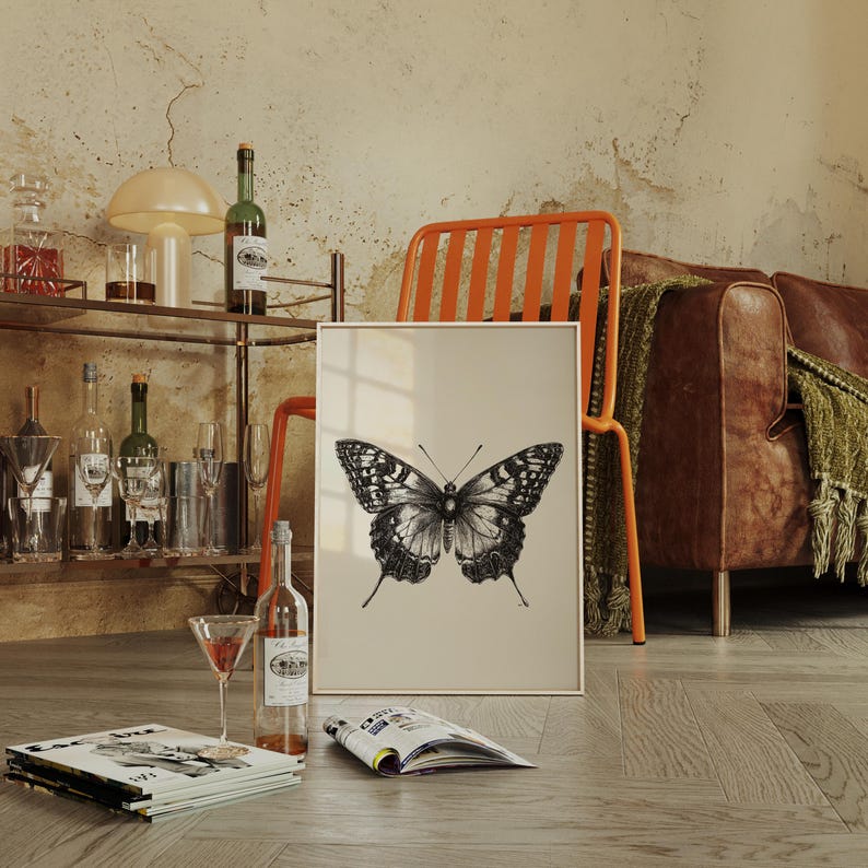 Elegant vintage butterfly ink sketch on cream background—perfect for nature lovers, rustic decor themes, or minimalist gallery wall collections.