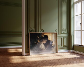 May include: A framed artwork featuring a woman with flowing hair, dressed in white, set against a soft, ethereal background. The artwork is displayed on a wooden floor in a room with olive green paneling and a window.
