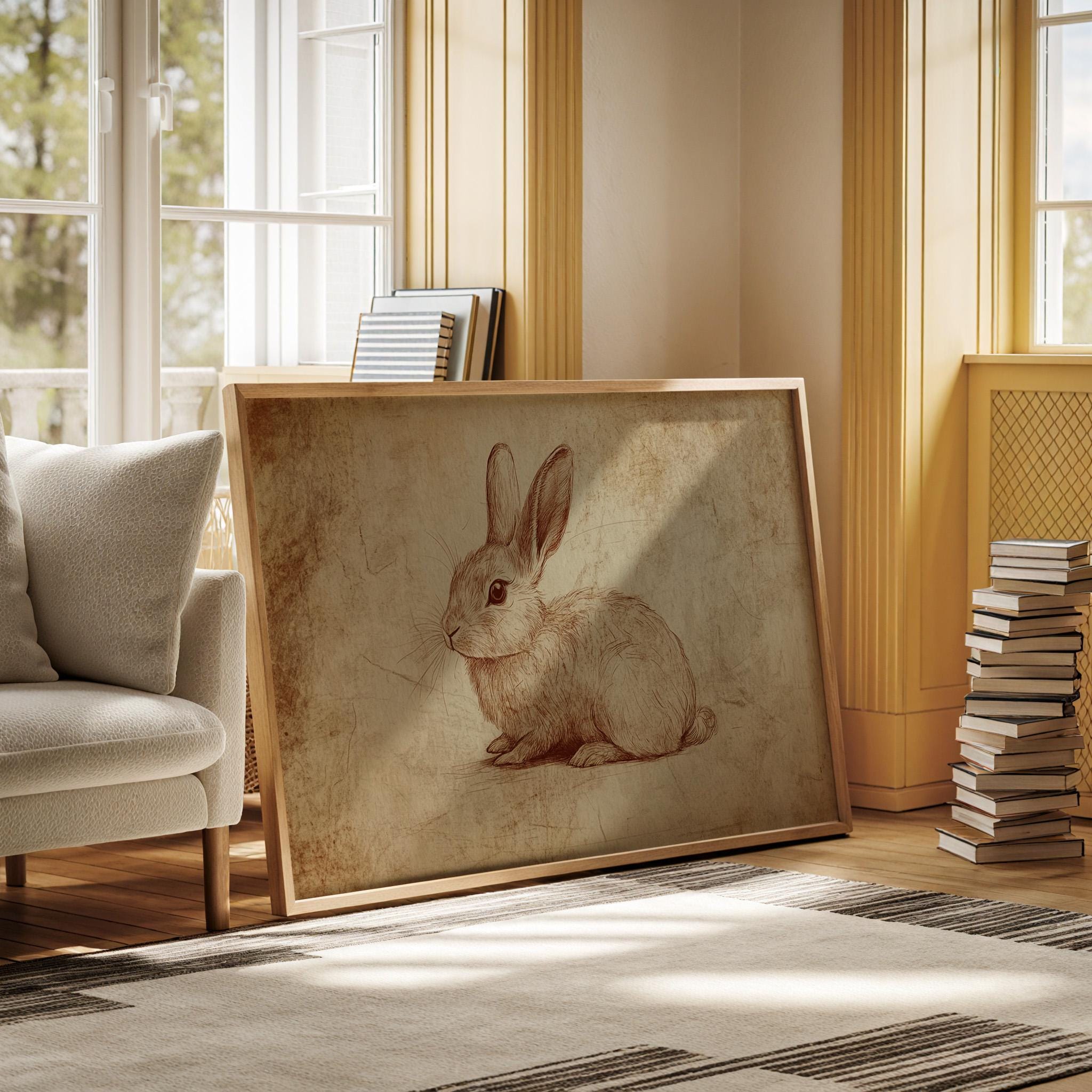 Vintage Kaninchen Illustration Leinwanddruck, rustikales Tier Wanddekor, antiker Hase Skizze Druck, Wald Thema Poster für Kinderzimmer