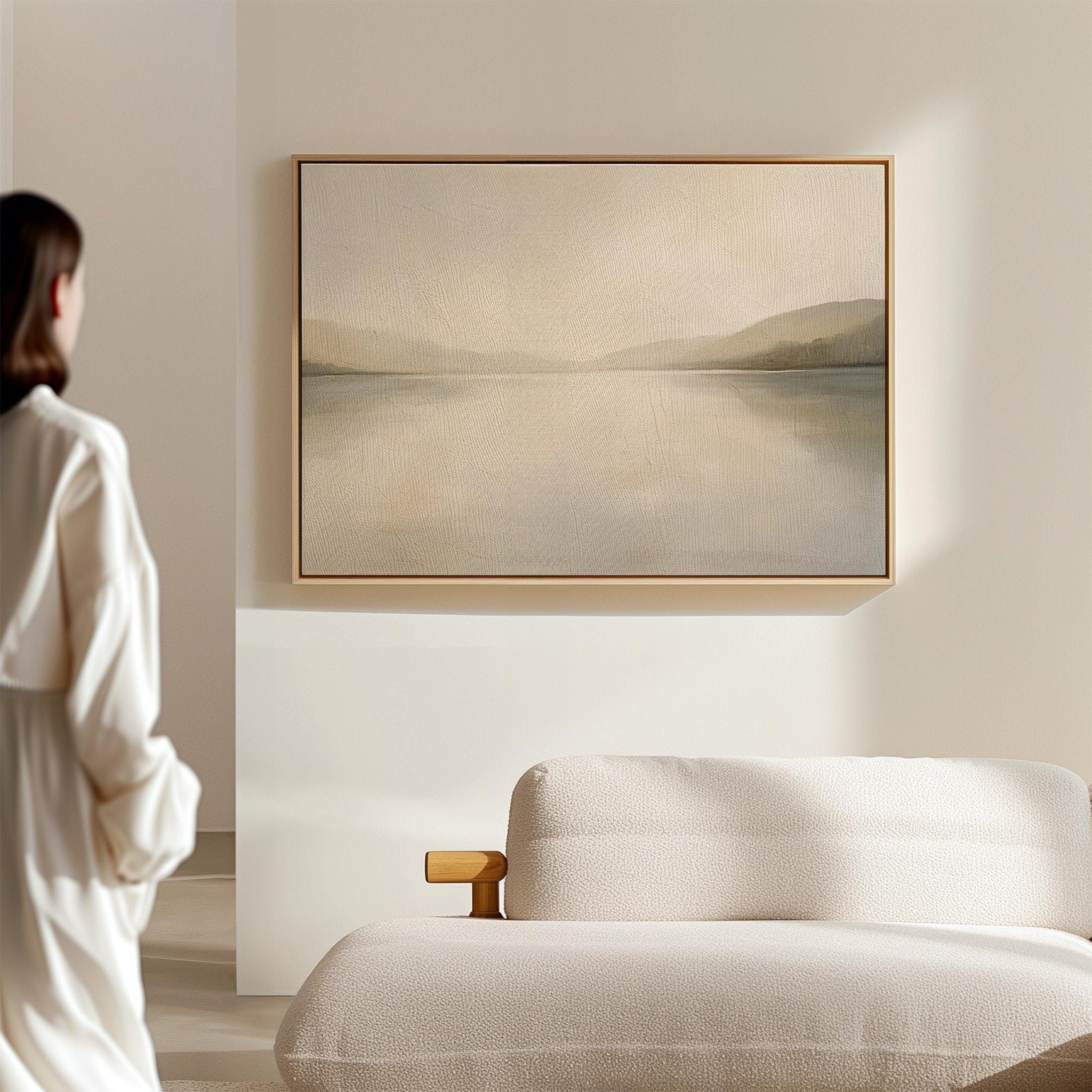 Minimalist Lake Landscape Canvas | Soft Neutral Tones with Calm Water and Hills | Serene Modern Nature Wall Art for Peaceful Decor