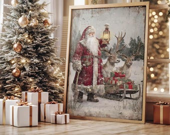 Santa with Lantern and Reindeer Christmas Wall Art