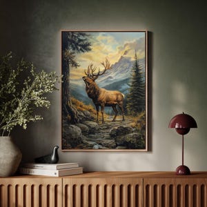 Majestic Elk in Mountain Forest - Wildlife Wall Art, Rustic Cabin Decor, Nature Canvas Print, Western Wilderness Painting