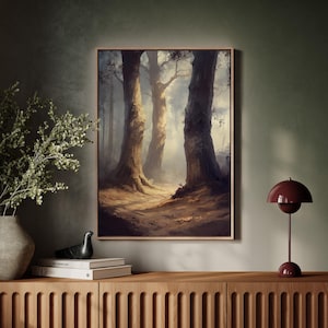 Misty Forest Path Canvas Art, Enchanted Woods Wall Decor, Rustic Nature Print, Vintage Oil Painting Style, Woodland Landscape