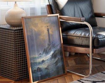 Stormy Lighthouse Canvas Wall Art, Dramatic Coastal Ocean Waves Painting, Moody Nautical Seascape for Beach House & Coastal Decor