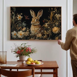 Rabbit in Wildflower Meadow - Dark Floral Botanical Art, Whimsical Woodland Animal Canvas, Rustic Nature Wall Decor