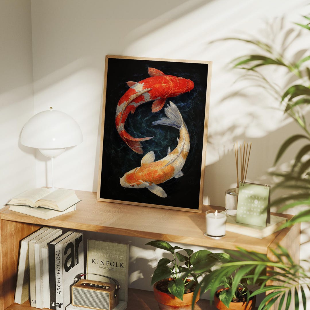 Yin Yang Koi Fish Canvas | Textured Japanese Wall Art With Red and ...