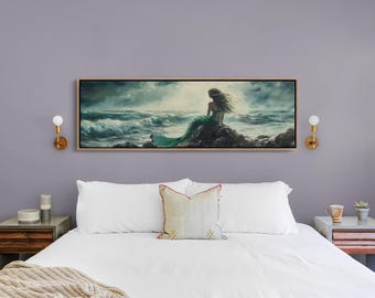 Lienzo de sirena mística - Arte mural de fantasía oceánica - Decoración gótica de mar tormentoso - Pintura de sirena mítica - Impresión costera encantada