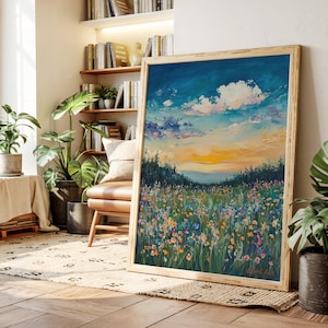 Sunset Wildflower Field Canvas Wall Art, Colorful Floral Meadow Painting, Vibrant Nature Landscape Print for Living Room or Bedroom Decor