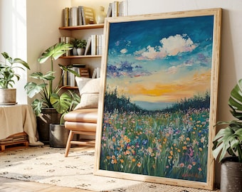 Art mural sur toile coucher de soleil champ de fleurs sauvages, peinture prairie florale colorée, impression paysage nature vibrante pour décoration de salon ou de chambre à coucher