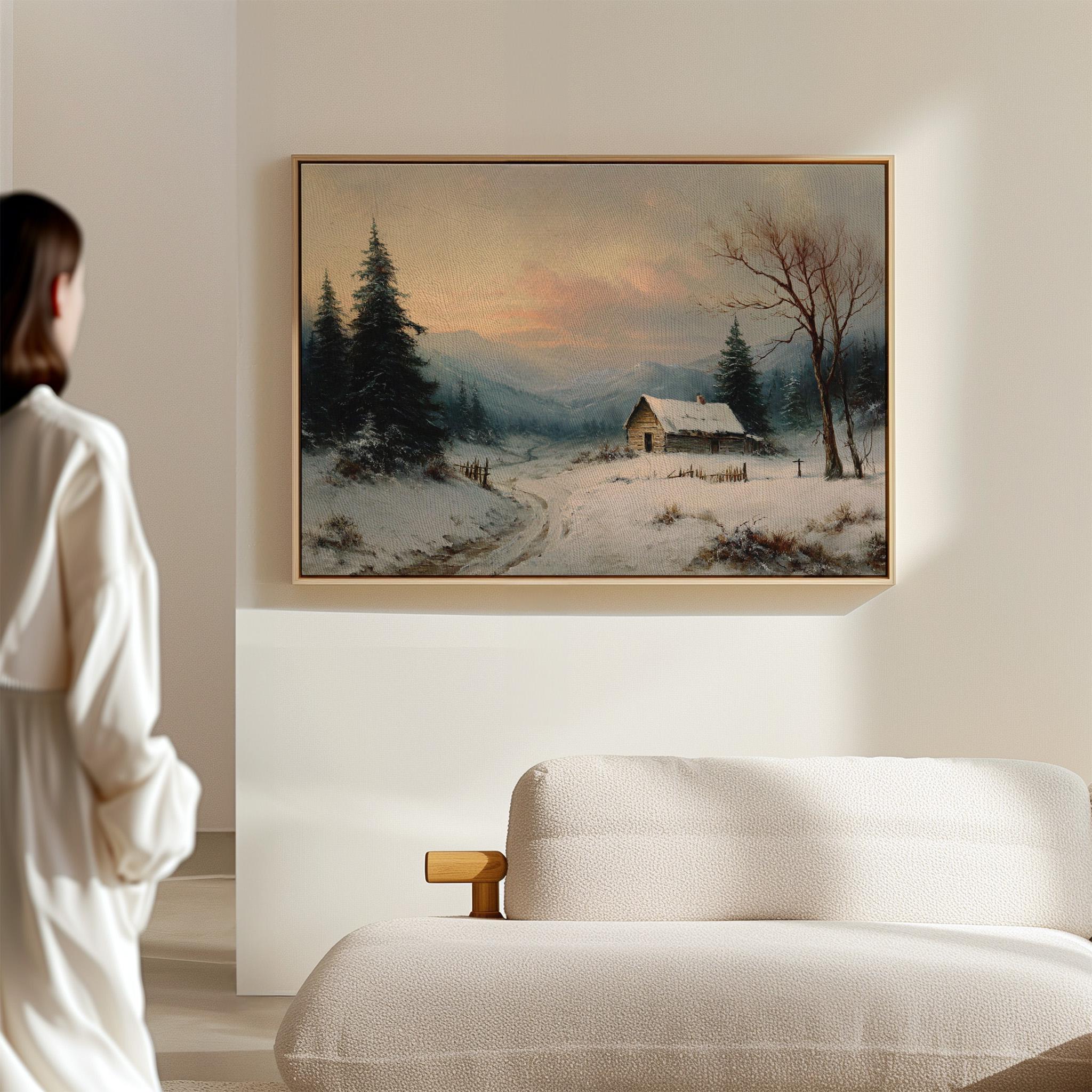 素朴な冬のキャビンキャンバス – 雪山の風景ウォールアート