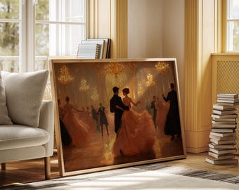 May include: A painting depicting a couple dancing in a ballroom. The woman is wearing a long, flowing pink dress and the man is wearing a black suit. The ballroom is decorated with chandeliers and other ornate details.