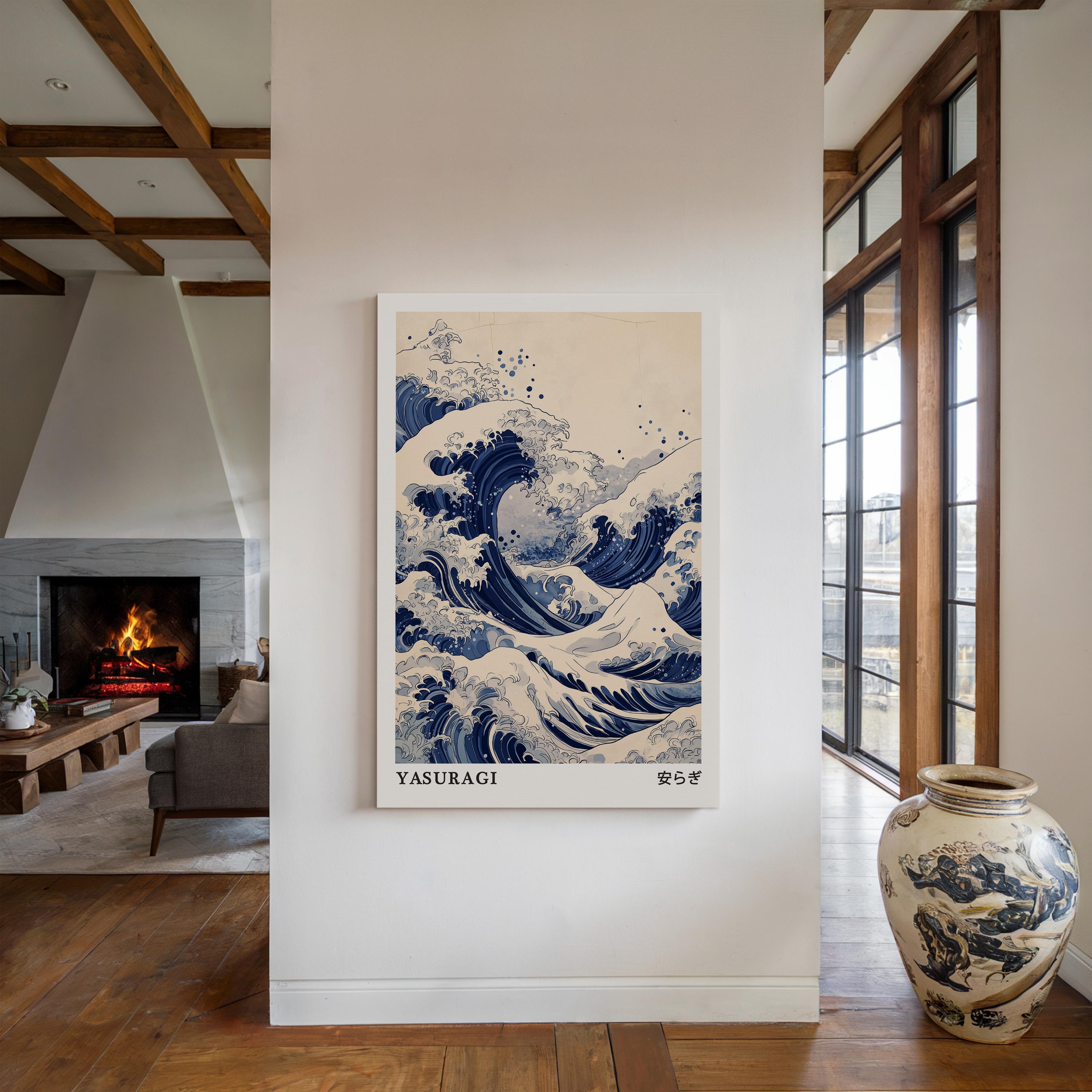 Japanese Wave Art Canvas – Yasuragi Tranquility Print With Blue