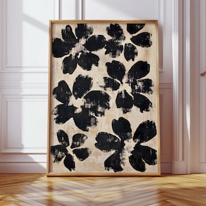 Toile florale à l'encre du Japon - Art mural abstrait minimaliste de fleurs noires - Impression botanique moderne Wabi Sabi