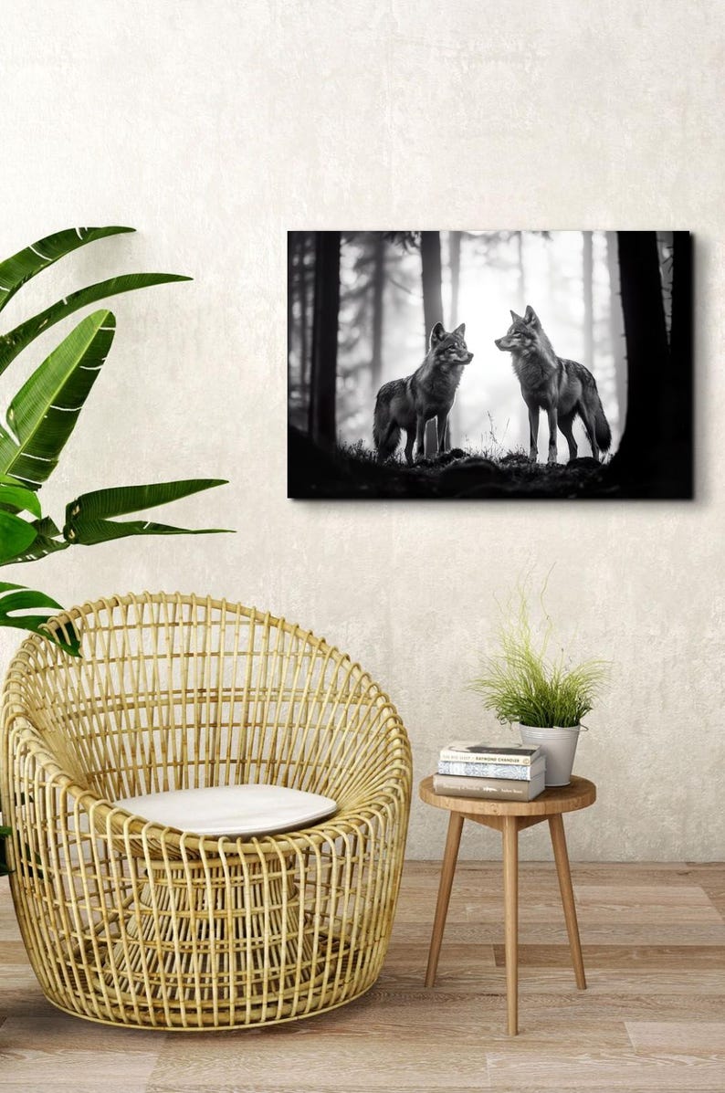 Black and White Wolf Pack Canvas Wall Art Print, Rustic Home Decor Wolf