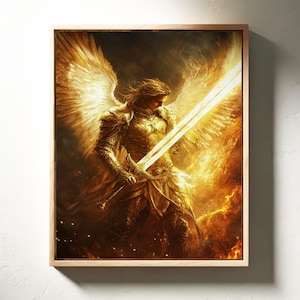 Celestial Warrior Angel Wall Art: majestueus gouden harnas en vurig zwaard, stralende vleugels in epische fantasiescène voor inspirerend decor