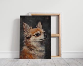 チワワ犬のキャンバスアート、ヴィンテージ油絵スタイル、エレガントな