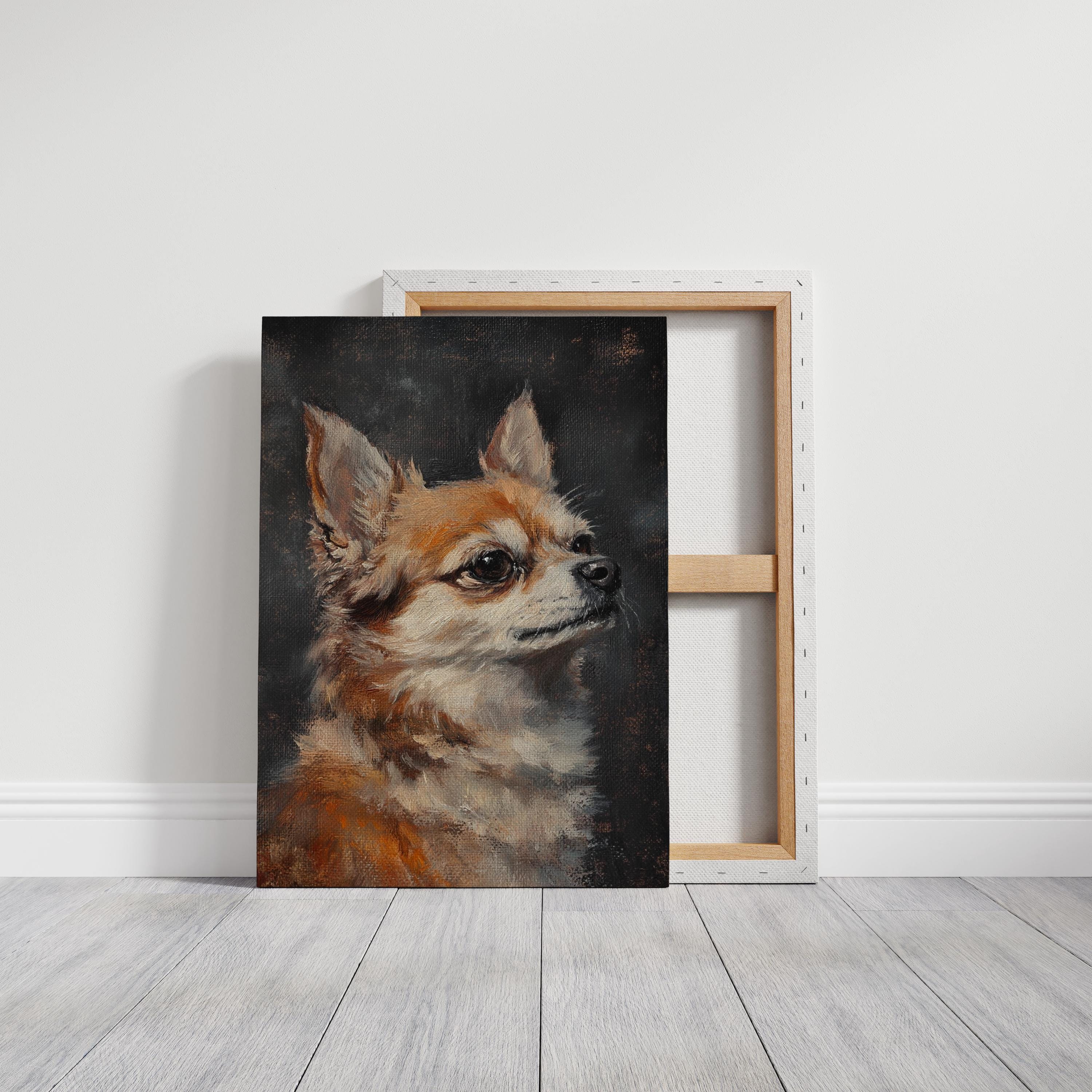 チワワ犬のキャンバスアート、ヴィンテージ油絵スタイル、エレガントな