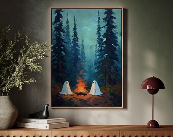 Gespenster am Lagerfeuer | Halloween Wald Wand Kunst für Herbst Dekor