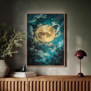 Lienzo de luna llena radiante: cielo nocturno celestial con nubes y estrellas brillantes, arte de pared lunar místico para amantes de la naturaleza