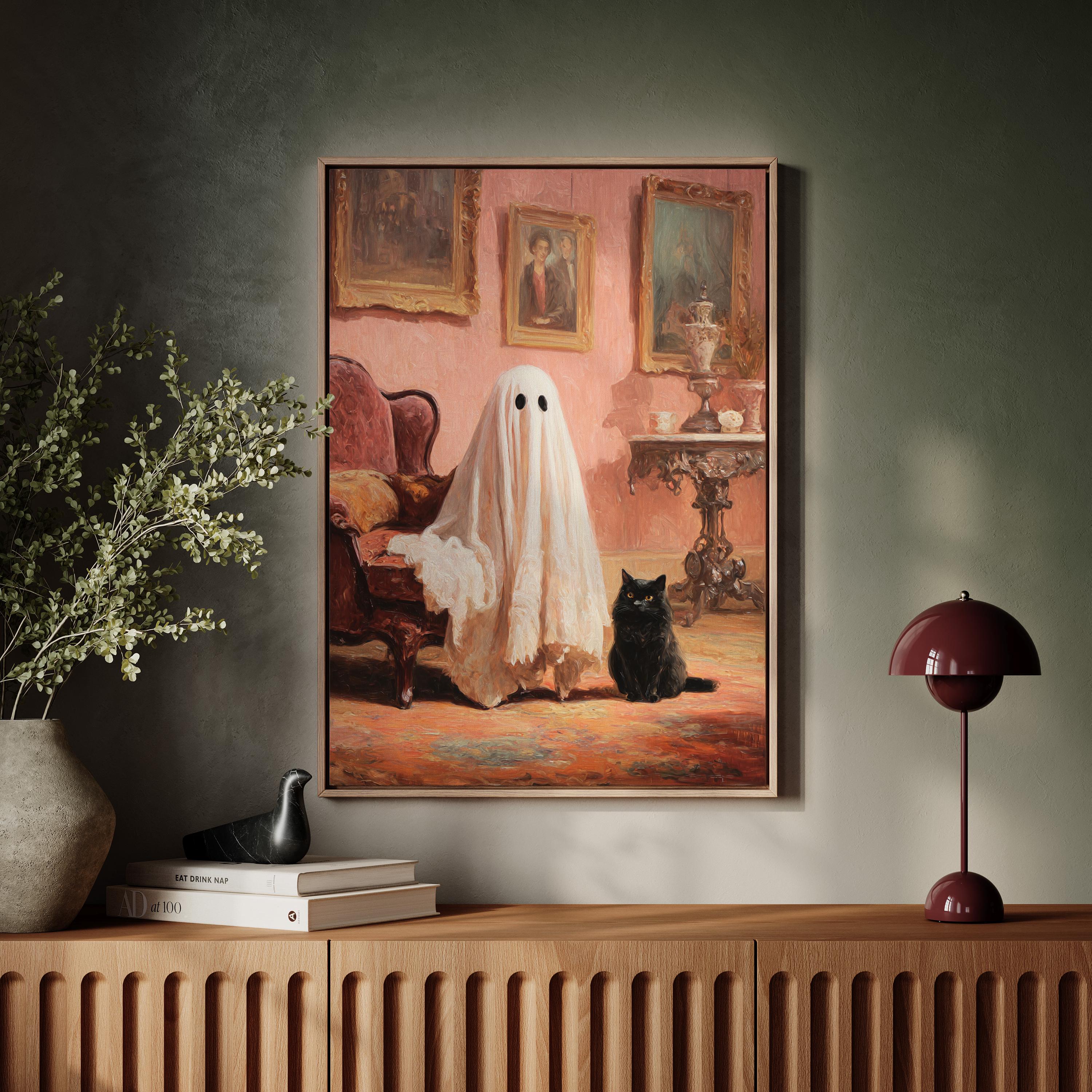 Ghost and Black Cat in Pink Parlor | Whimsical Halloween Art - Etsy